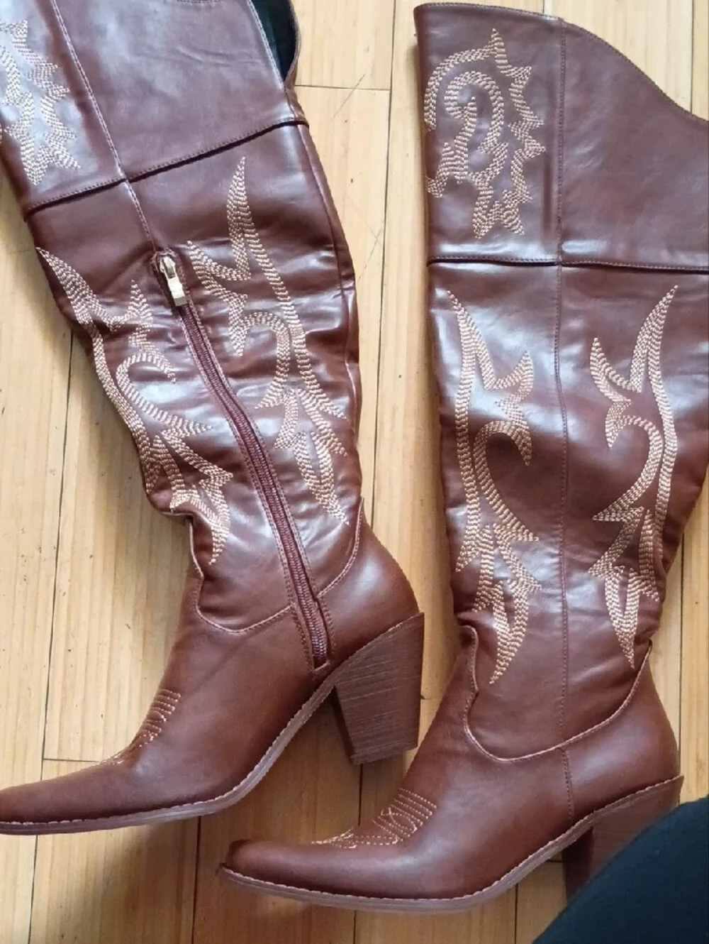 SHEIN Brown Over-the-Knee Western Embroidered Boots